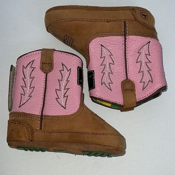 John Deere Infant Baby Girl Cowgirl Boots Pink Tan Leather Size 4 Soft Sole Grip - Picture 9 of 13